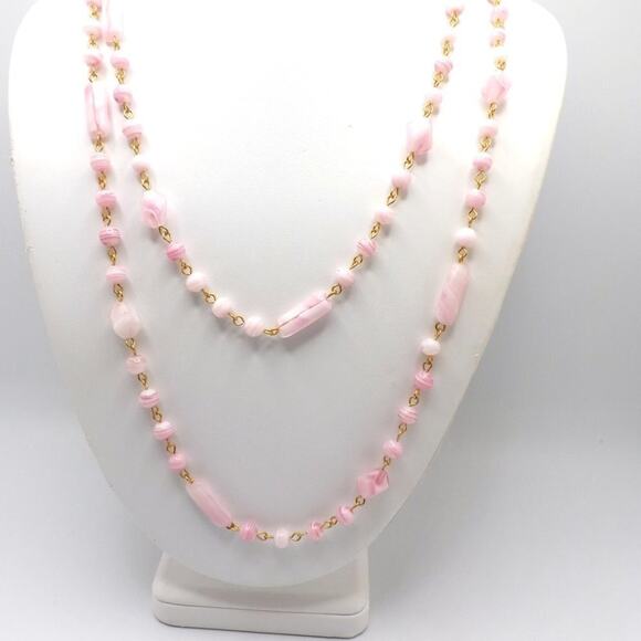 Pink Art Glass Beaded Necklace, Gold Tone Wire Wrap, Vintage, 23 Inch, No Clasp - Picture 4 of 11